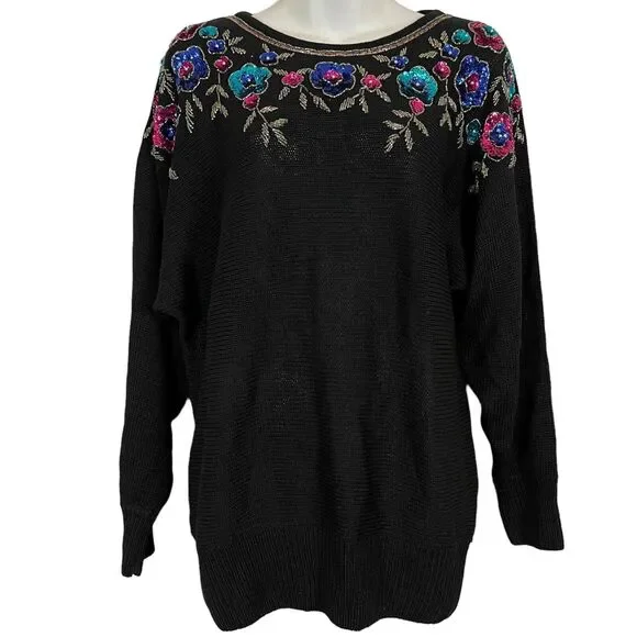 Victoria Jones Womens Vintage Beaded Sequin Floral Dolman Sleeve Sweater sz L - Picture 1 of 16